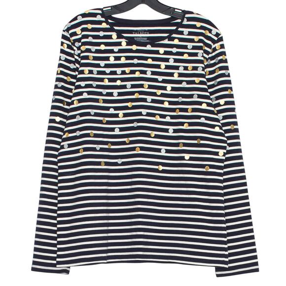 Talbots Top Coastal Preppy Nautical Holiday Metallic Polka Dot Stripe Blue XL - Picture 1 of 6